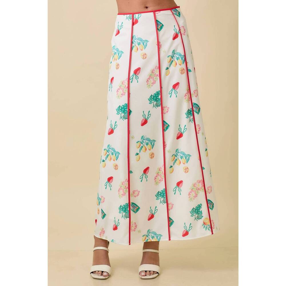 NEW MAIN STRIP vintage fruit print midi skirt in ivory multi